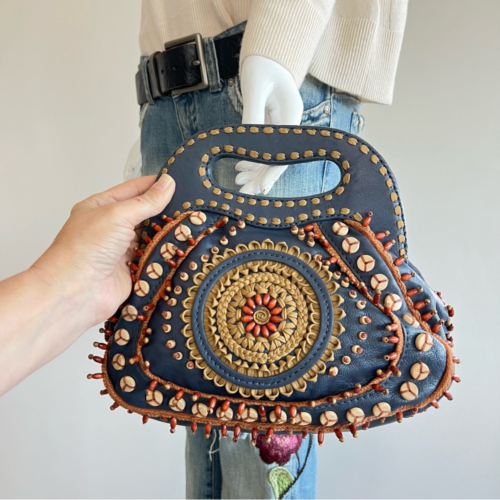 LOCKHEART Gabriel Edith Rare Navy Leather Multicolor Beads Crochet Small Handbag
